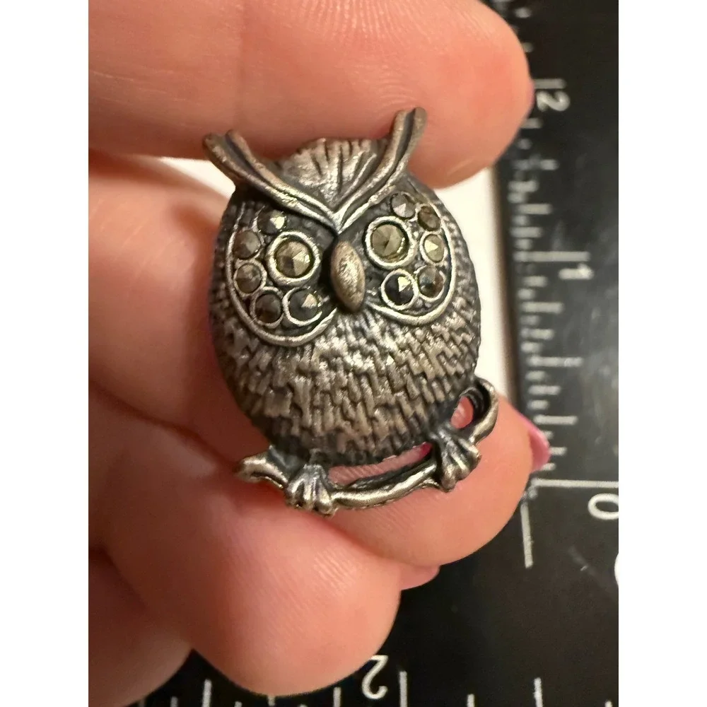 Owl Lapel Pin Silver Tone Marcasite Accent Bird Tie Tack Hat Pin Wise Owl